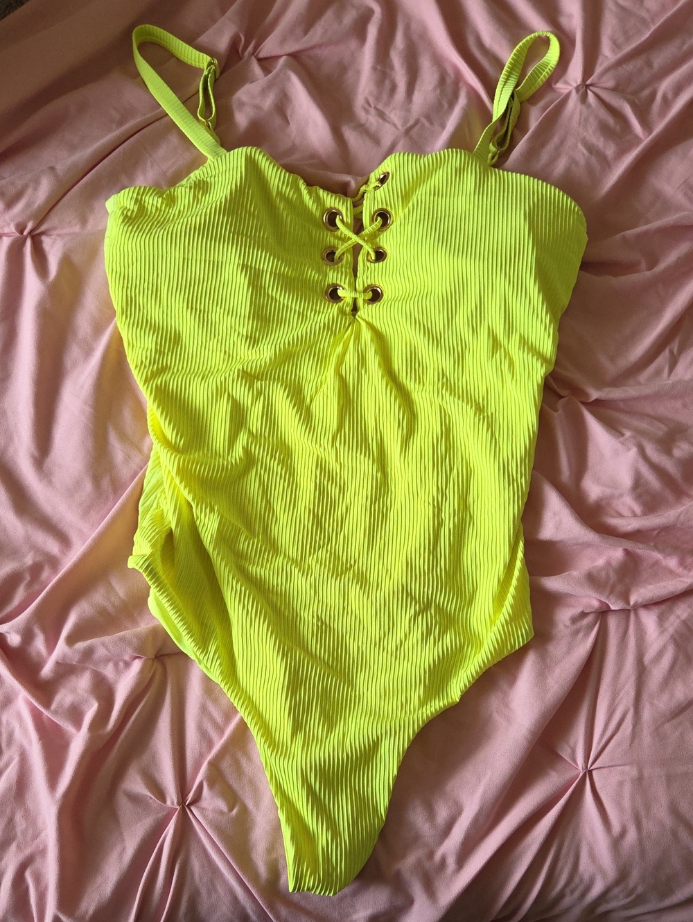 Neon Yellow Lace-Up Ribbed One-Piece Swimsuit